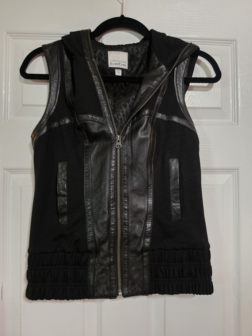 bebe Black Faux Leather Trim Hooded Vest